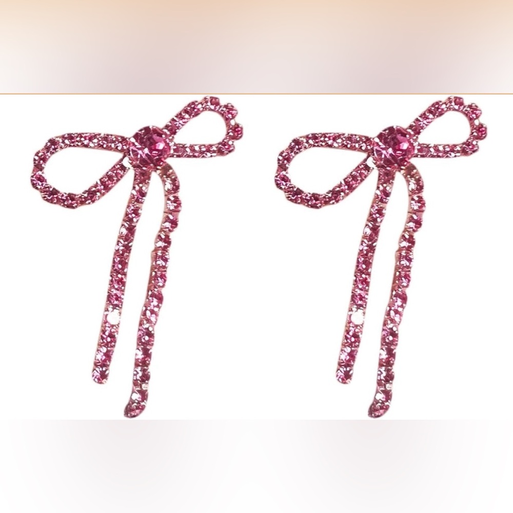 ✨GORGEOUS - Rhinestone Hot Pink Drop Bow Chandelier Earrings - BRAND NEW! - Picture 2 of 4